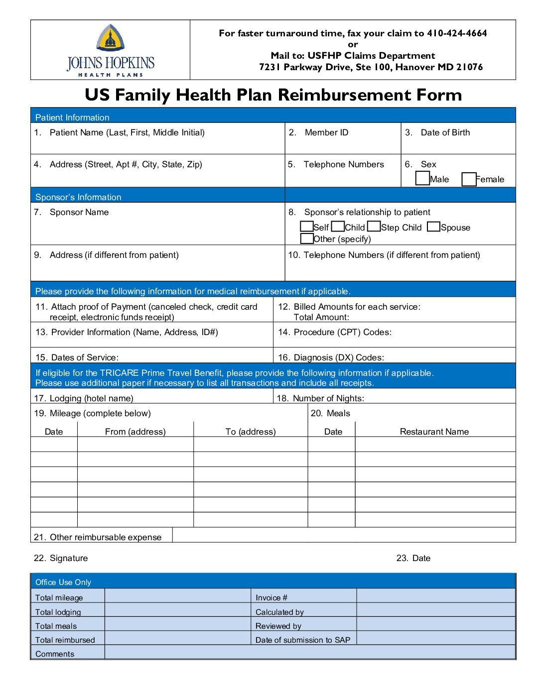 Johns Hopkins USFHP Medical Reimbursement Form - Johns Hopkins US